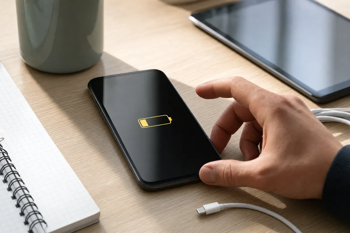 Smartphone su scrivania con icona batteria gialla e mano pronta a toccare lo schermo, con tablet e cavo di ricarica
