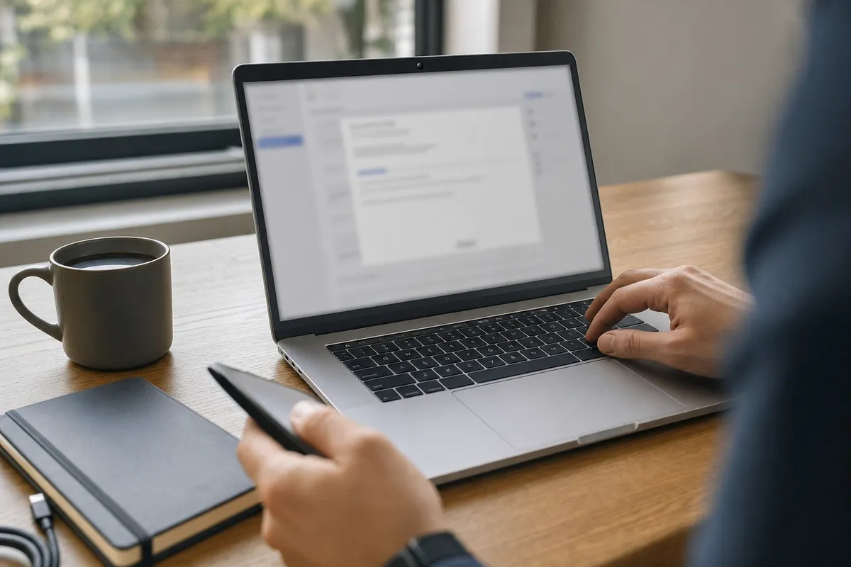 Laptop su scrivania con finestra di aggiornamento sfocata, mani con smartphone, tazza di caffè e taccuino