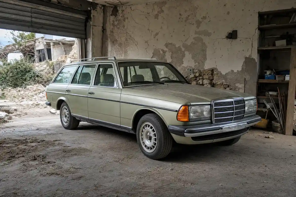 Station wagon anni ’70 verde nickel in un garage danneggiato, con pareti crepate e serranda semiaperta