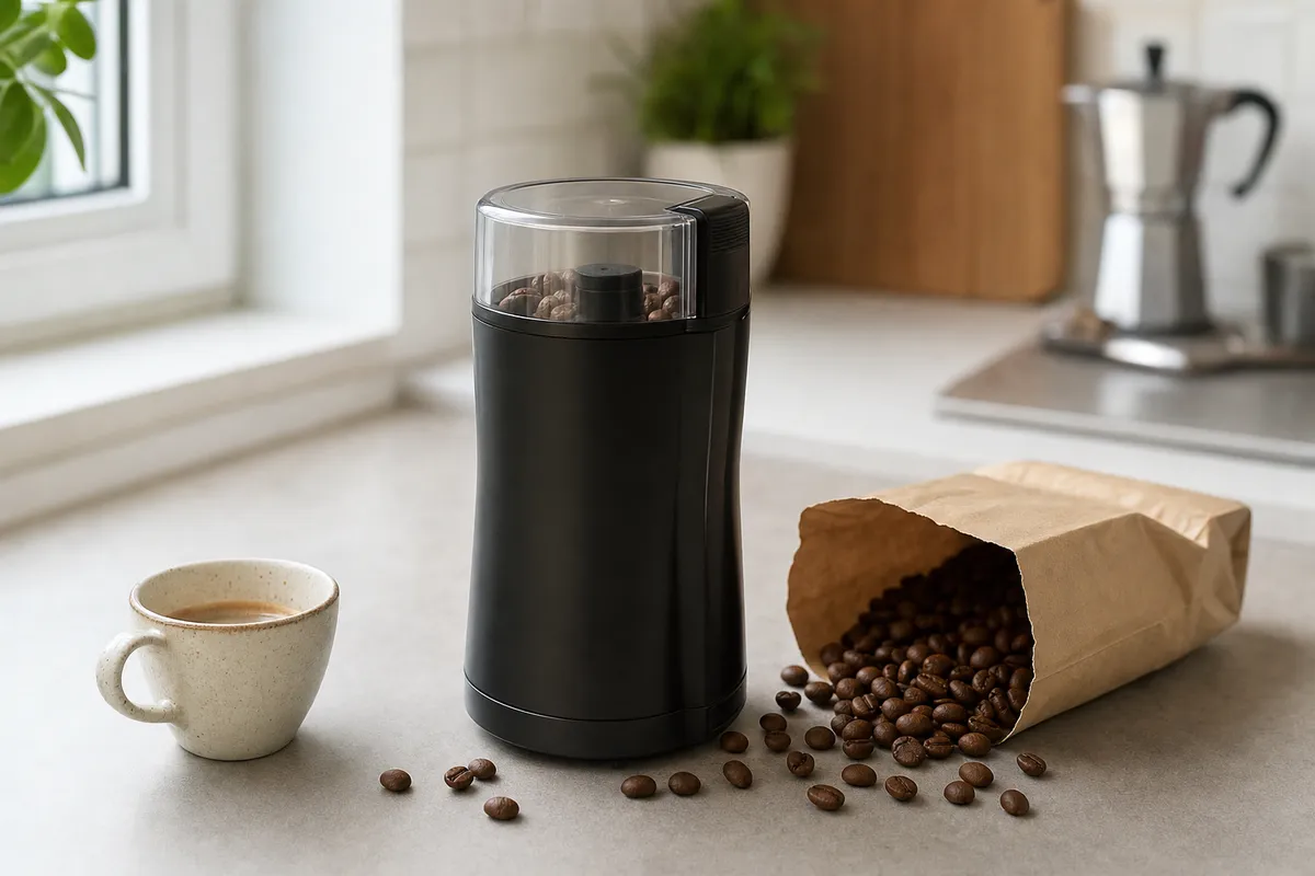 Macinacaffè elettrico nero con coperchio trasparente, tazzina e chicchi di caffè su piano cucina