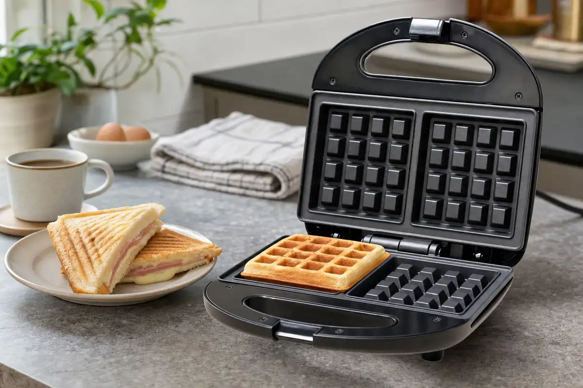 Piastra per waffle aperta su piano cucina con un waffle dorato; accanto un toast su piatto e una tazza di caffè