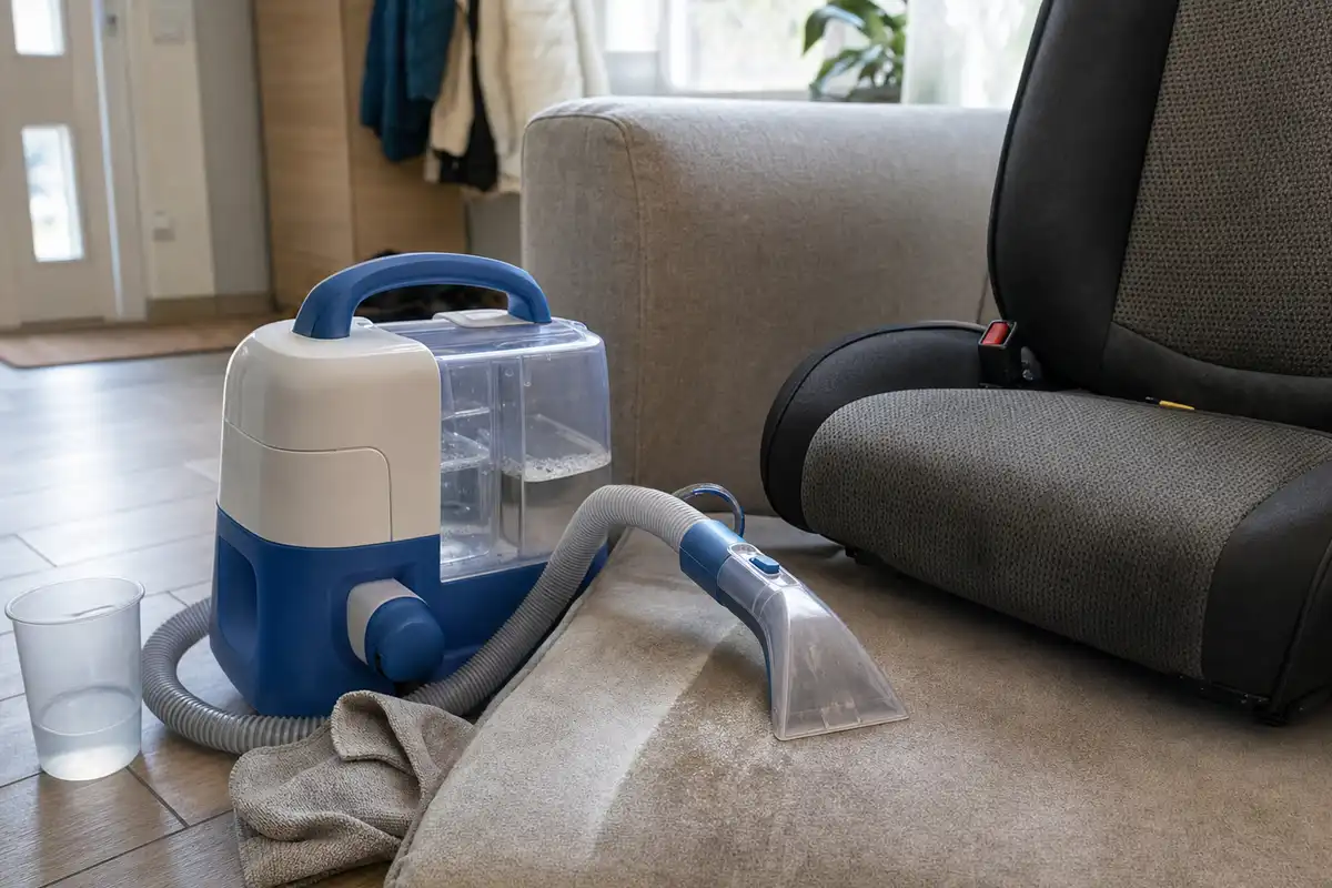 Pulitore per tappezzeria blu e bianco con tubo e bocchetta, accanto a cuscino del divano e sedile auto