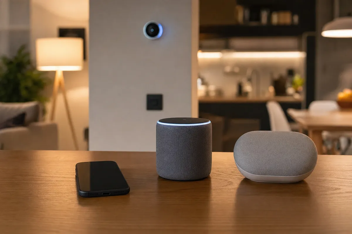 Tre dispositivi smart su un tavolo: smartphone, speaker cilindrico con luce e smart speaker ovale in un salotto moderno