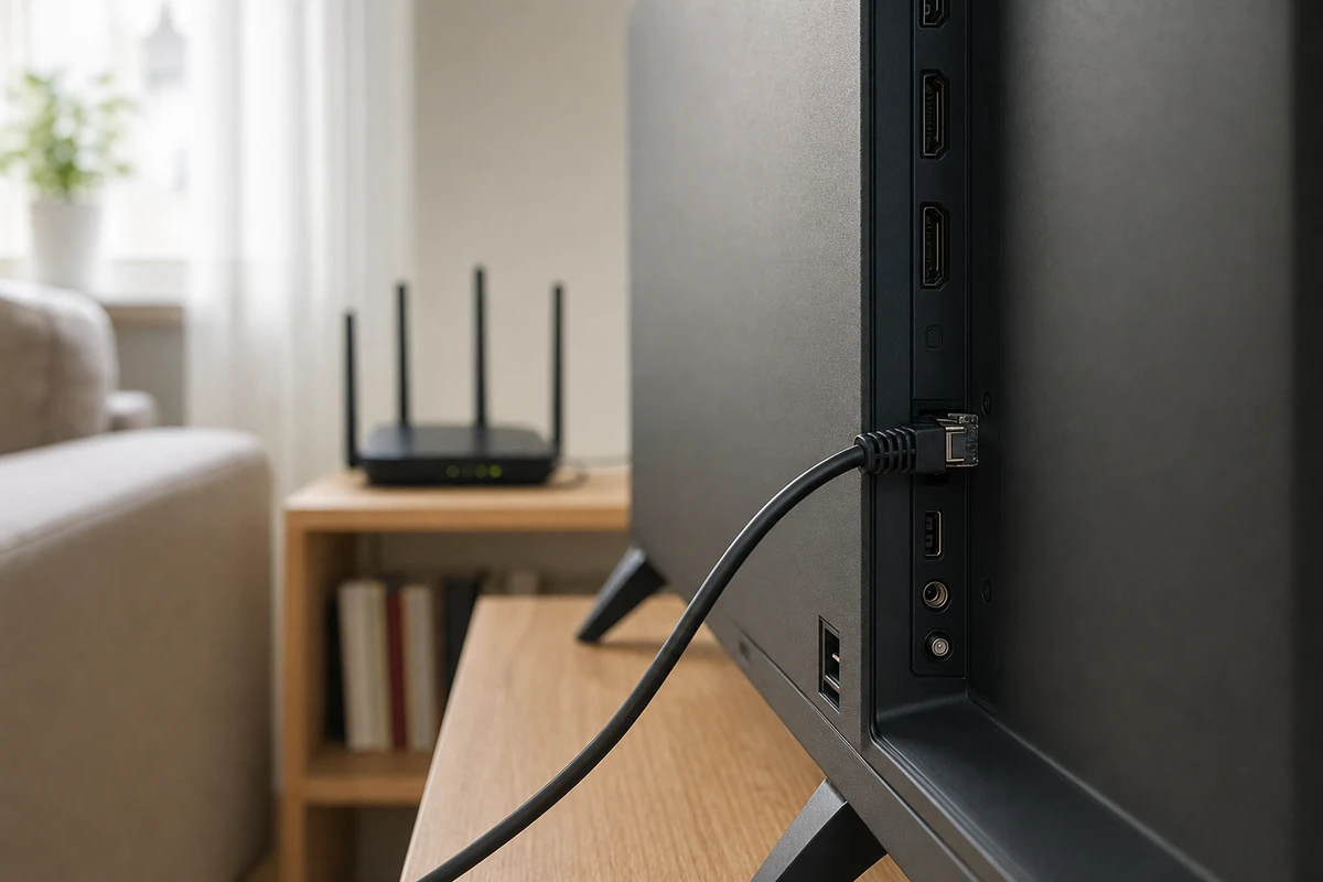 Cavo Ethernet collegato alla porta LAN di una smart TV, con router Wi‑Fi sfocato sullo sfondo in salotto