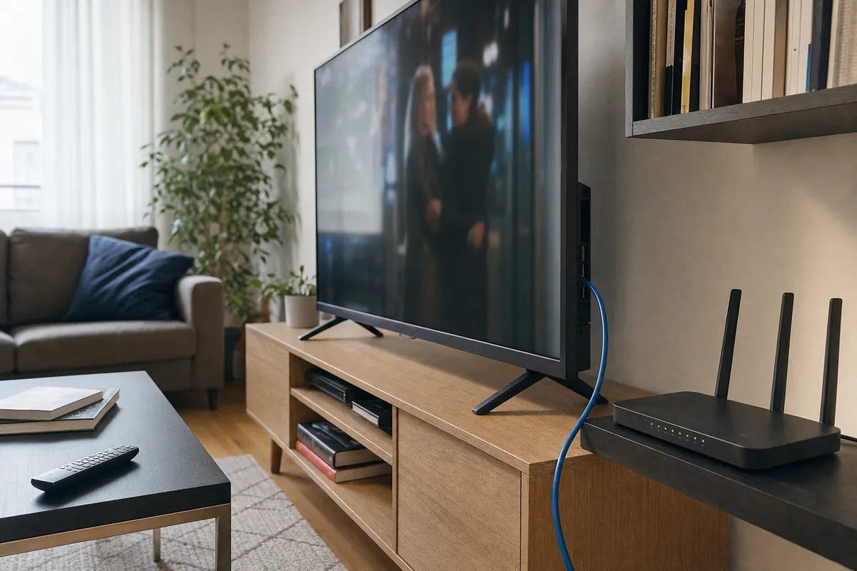 Smart TV in salotto collegata al router con cavo Ethernet, con telecomando sul tavolino