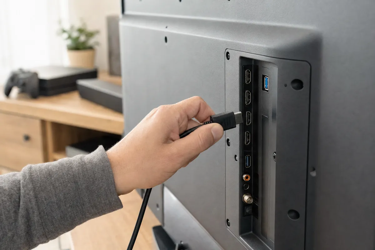 Mano che inserisce un cavo HDMI nelle porte sul retro di una smart TV in salotto