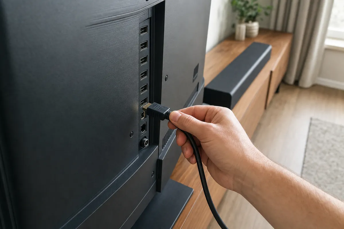 Mano che inserisce un cavo HDMI nelle porte posteriori di una Smart TV, con soundbar sul mobile sullo sfondo