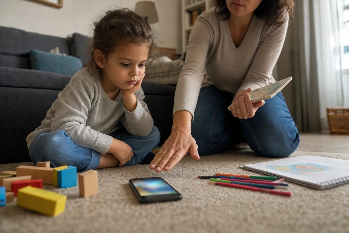 Bambina seduta sul tappeto guarda uno smartphone a terra mentre un genitore allunga la mano e porge un libro