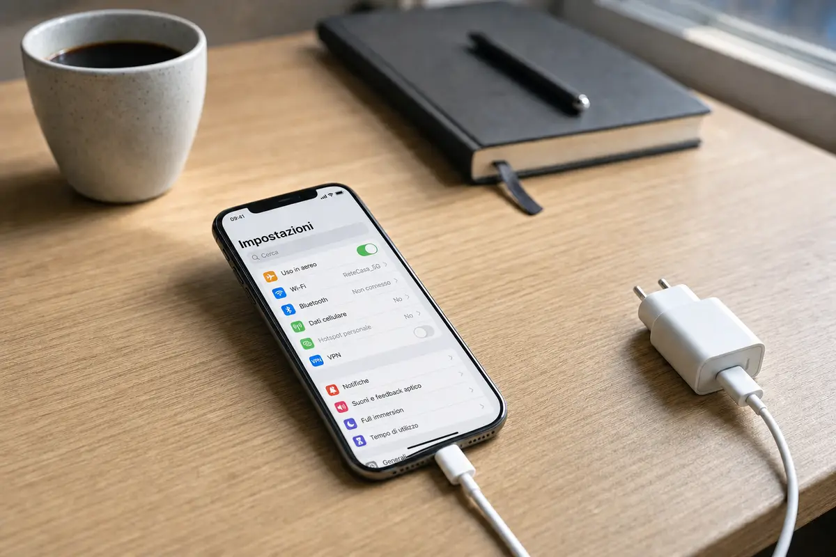 Smartphone in carica su un tavolo con schermata Impostazioni e modalità aereo attiva, accanto a tazza di caffè e quaderno