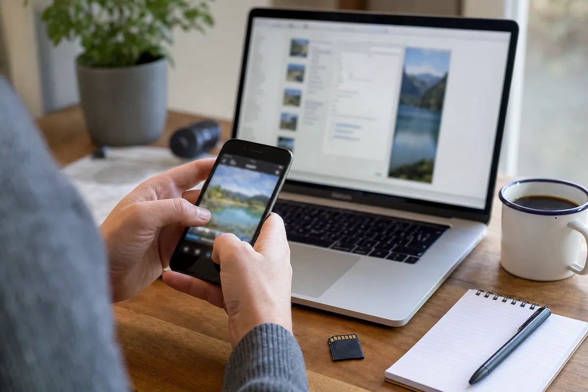 Mani che controllano una foto su smartphone davanti a un laptop, con scheda SD, taccuino e tazza di caffè sul tavolo