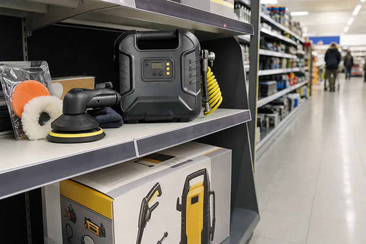Scaffale in supermercato con compressore portatile, lucidatrice orbitale e scatola di idropulitrice