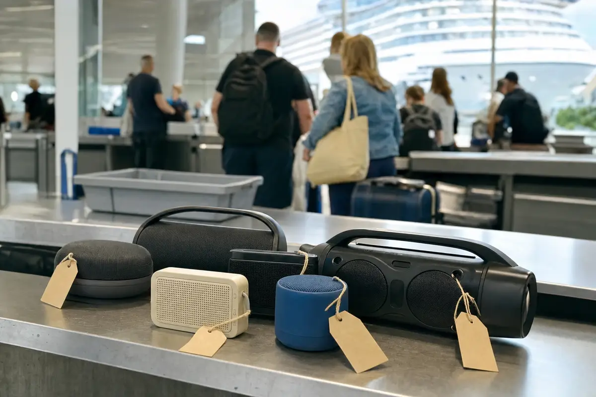 Speaker Bluetooth con etichette su un tavolo ai controlli di sicurezza in terminal crociere, con passeggeri sfocati sullo