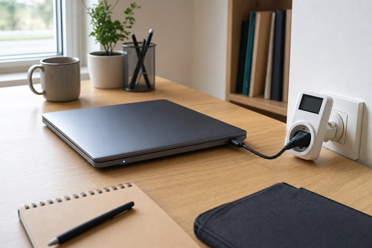 Laptop chiuso su scrivania in legno con LED acceso, collegato a un misuratore di consumo elettrico alla presa