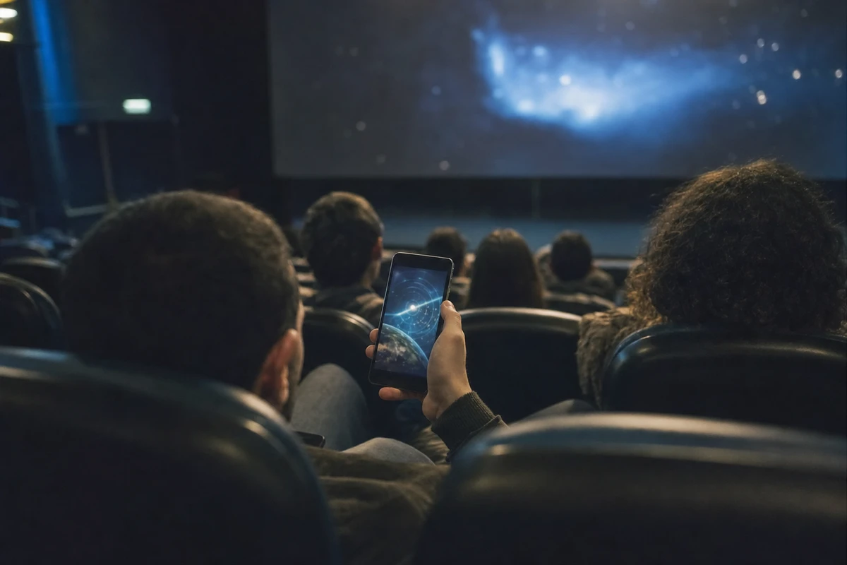 Spettatori in un cinema al buio guardano lo schermo; in primo piano uno smartphone mostra una mappa con segnale nello spazio