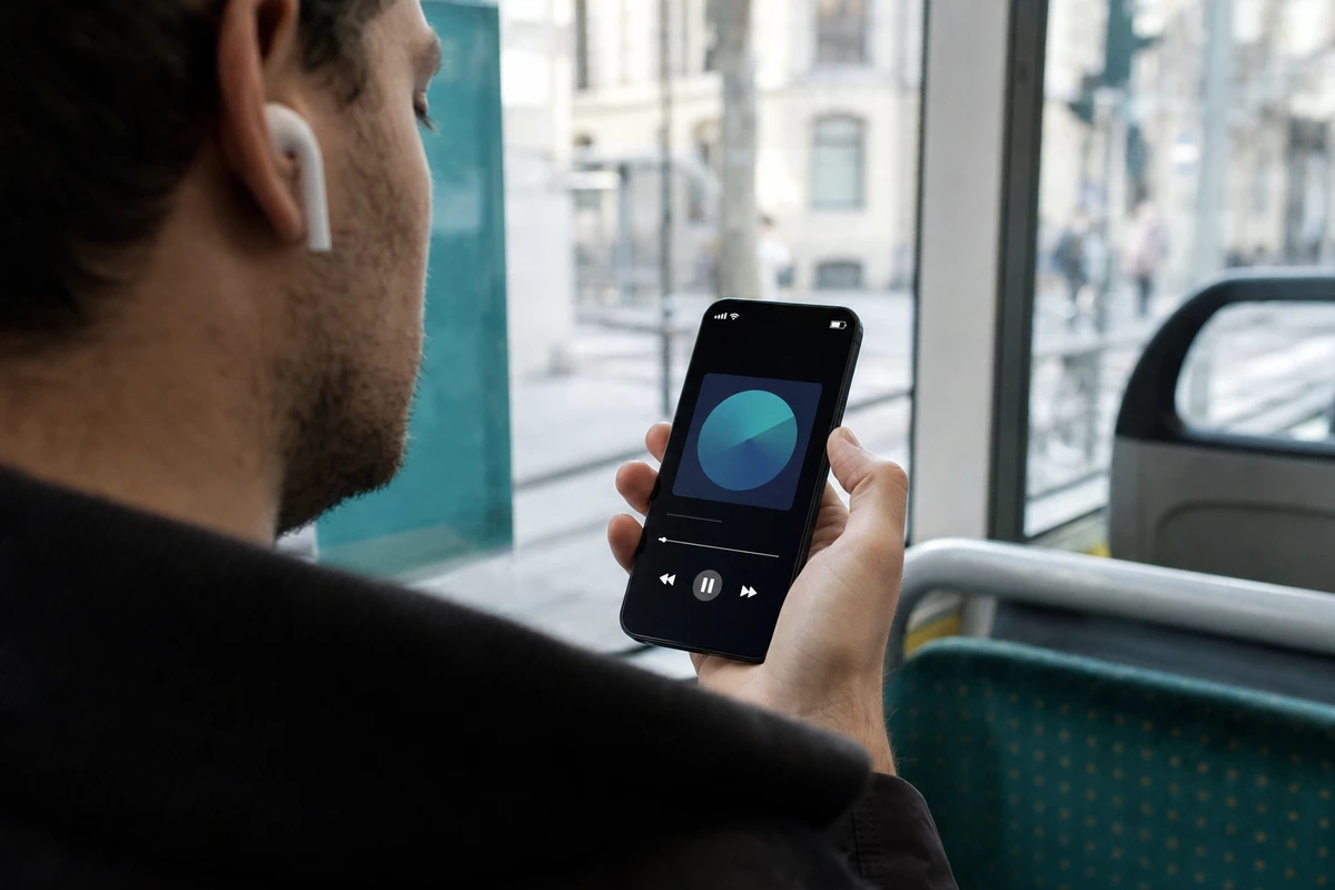 Persona con auricolare wireless guarda uno smartphone con lettore musicale mentre viaggia su un mezzo pubblico