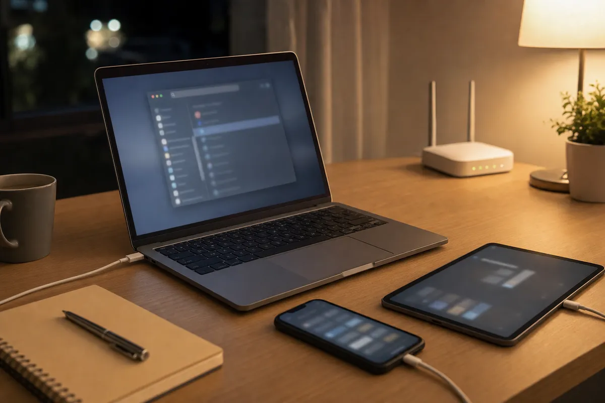 Laptop con finestra sfocata, smartphone e tablet in carica su una scrivania con router Wi‑Fi e lampada