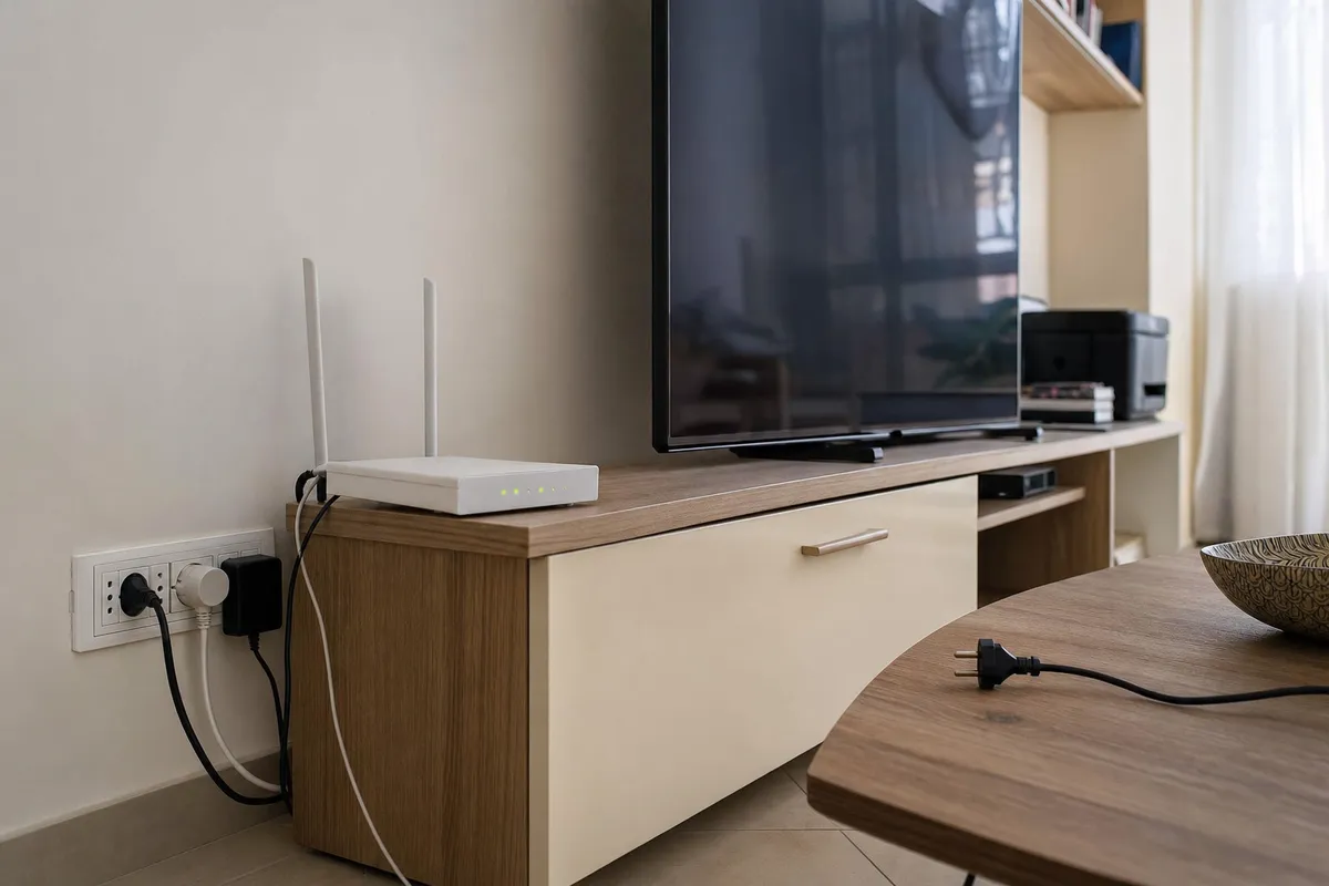 Router Wi-Fi acceso con luci verdi vicino a una presa a muro, TV spenta su mobile e spina scollegata sul tavolo