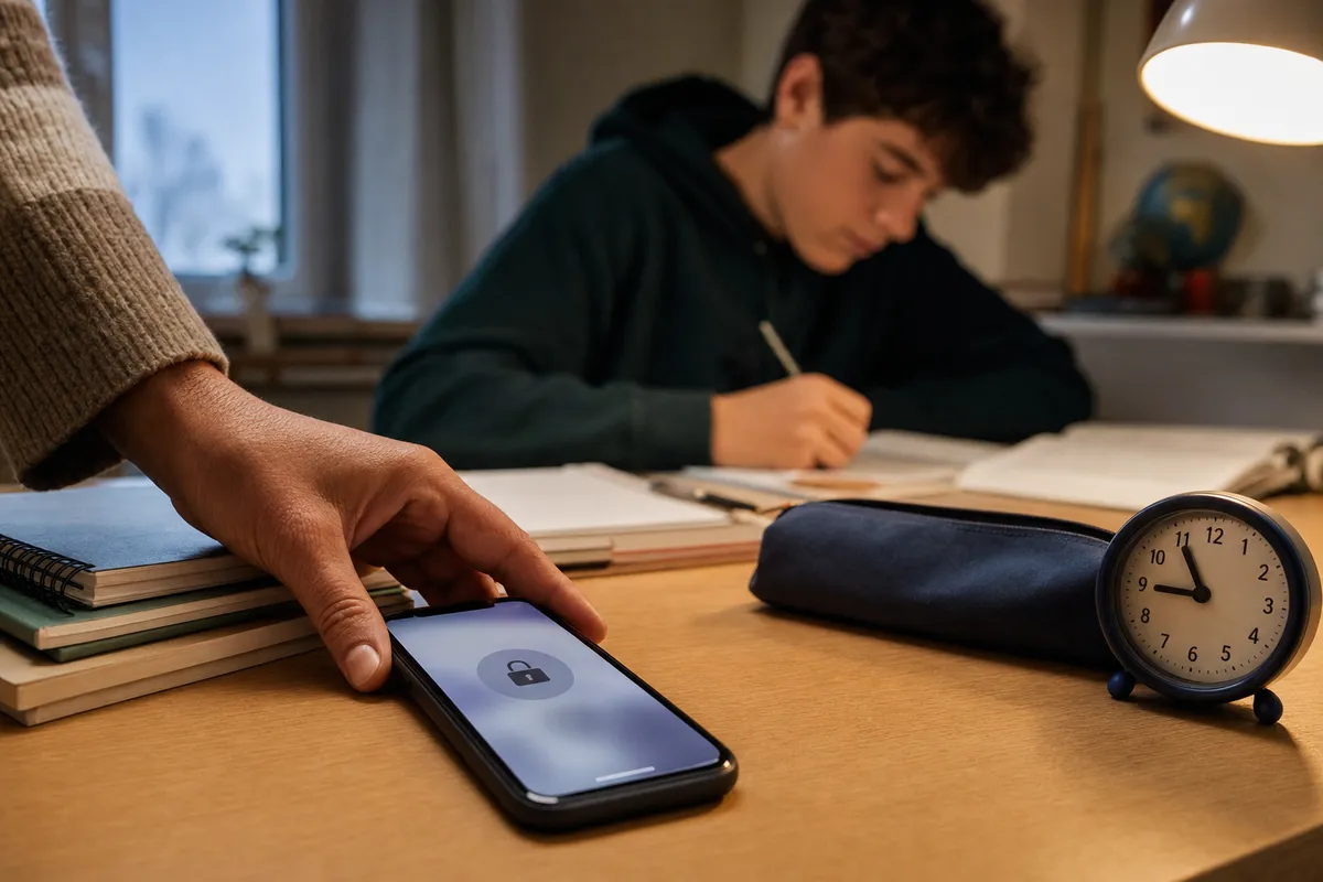 Mano di un genitore appoggia uno smartphone con icona di lucchetto su una scrivania, mentre un ragazzo studia sullo sfondo