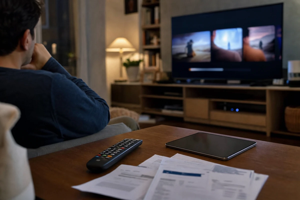 Telecomando e bollette su un tavolino, uomo sul divano davanti a una TV con interfaccia streaming sfocata