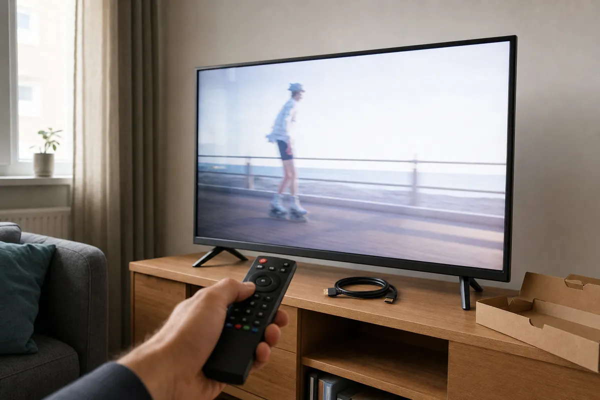 Telecomando puntato verso una TV su mobile, con video sfocato in movimento e cavo HDMI sul ripiano
