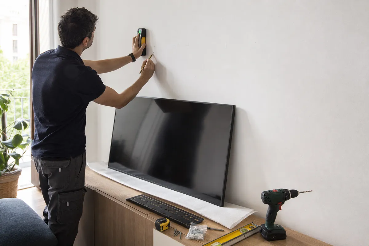 Uomo segna il muro con un cercatore di montanti mentre una TV grande è appoggiata su un mobile con trapano e staffa