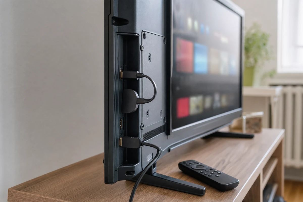 Dongle HDMI collegato al retro di una TV con telecomando sul mobile e schermata streaming sfocata