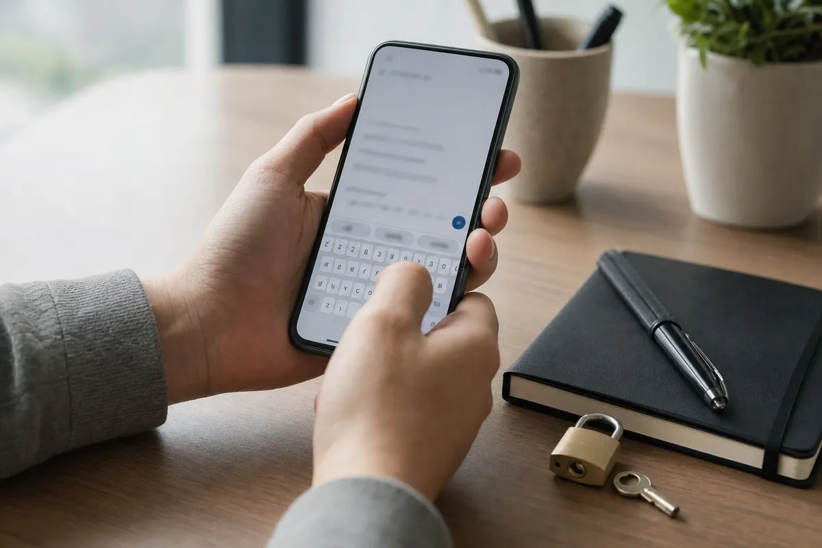 Mani che digitano su uno smartphone con tastiera a schermo, su una scrivania con taccuino, penna e lucchetto