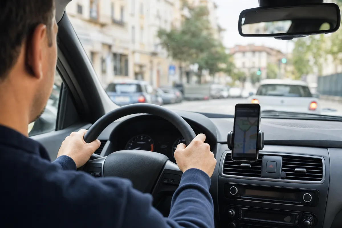 Guidatore con entrambe le mani sul volante e smartphone su supporto sul cruscotto, traffico urbano sullo sfondo