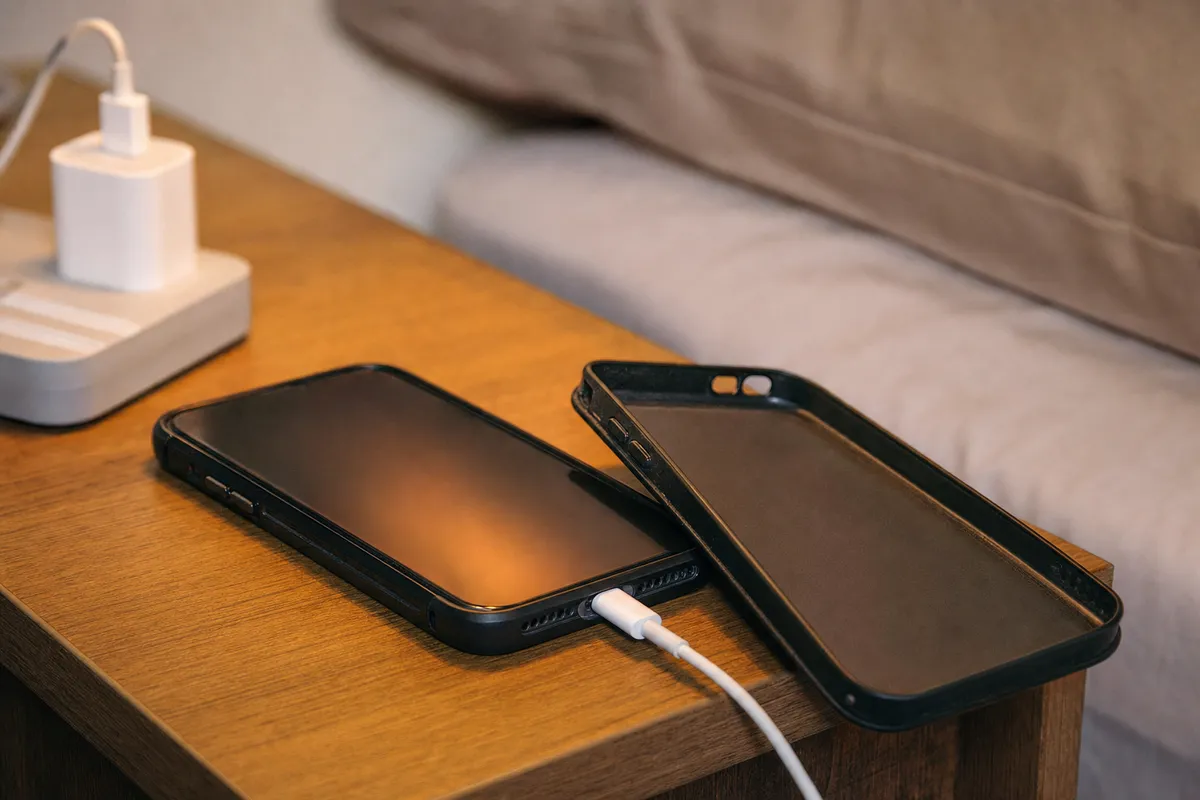 Smartphone in carica su un comodino in legno con cavo collegato e cover rigida rimossa accanto