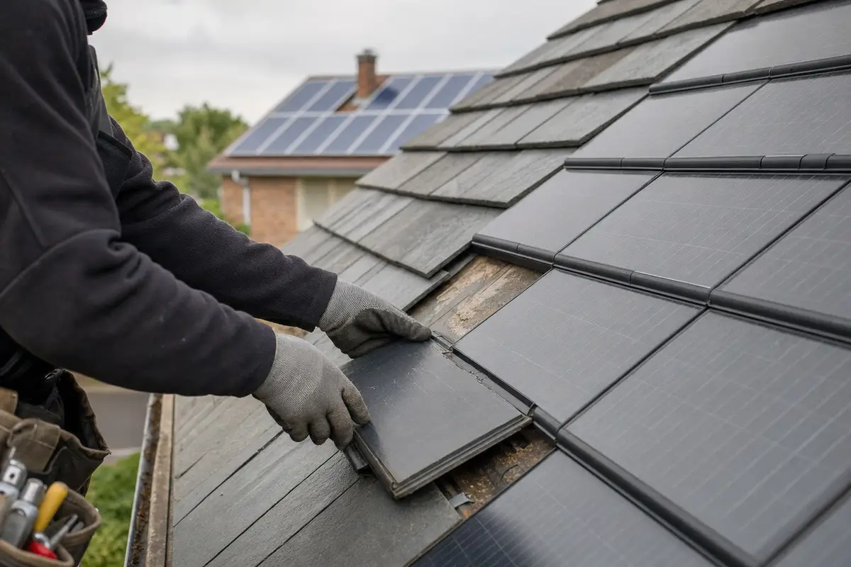 Mani con guanti rimuovono una tegola fotovoltaica integrata su un tetto, con pannelli solari sfocati sullo sfondo