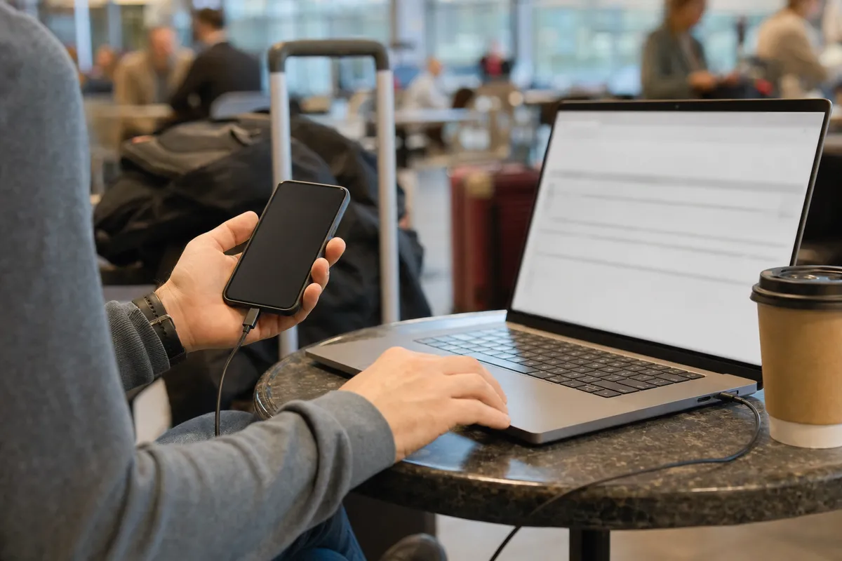 Persona in area d’attesa collega uno smartphone a un laptop con cavo USB su un tavolino, con valigie sullo sfondo