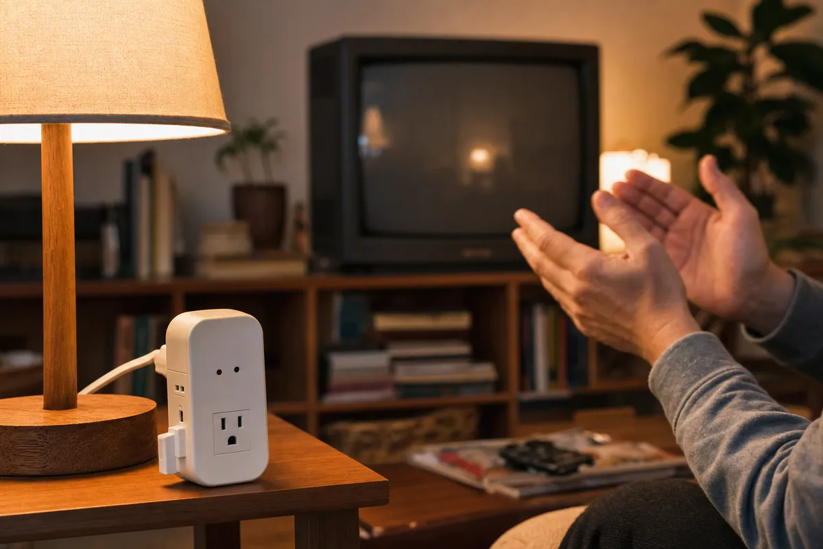 Presa elettrica attivata dal battito vicino a una lampada accesa, con mani che stanno applaudendo e TV CRT sullo sfondo