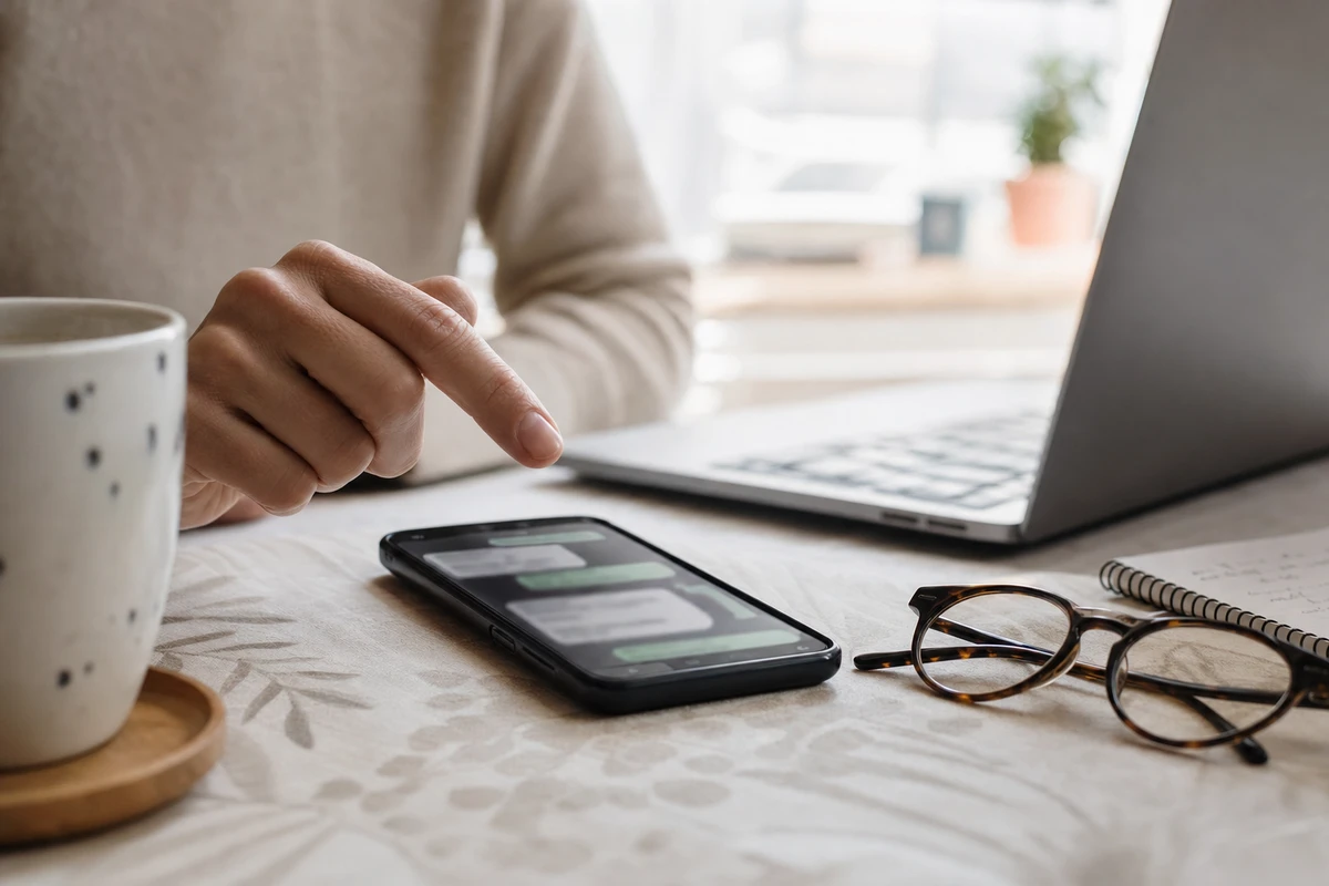 Mano sopra uno smartphone con chat sfocata su un tavolo accanto a laptop, tazza e occhiali