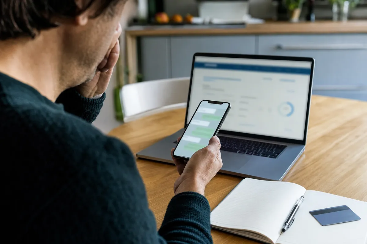 Persona al tavolo di casa controlla messaggi sullo smartphone davanti a un laptop con schermata bancaria sfocata