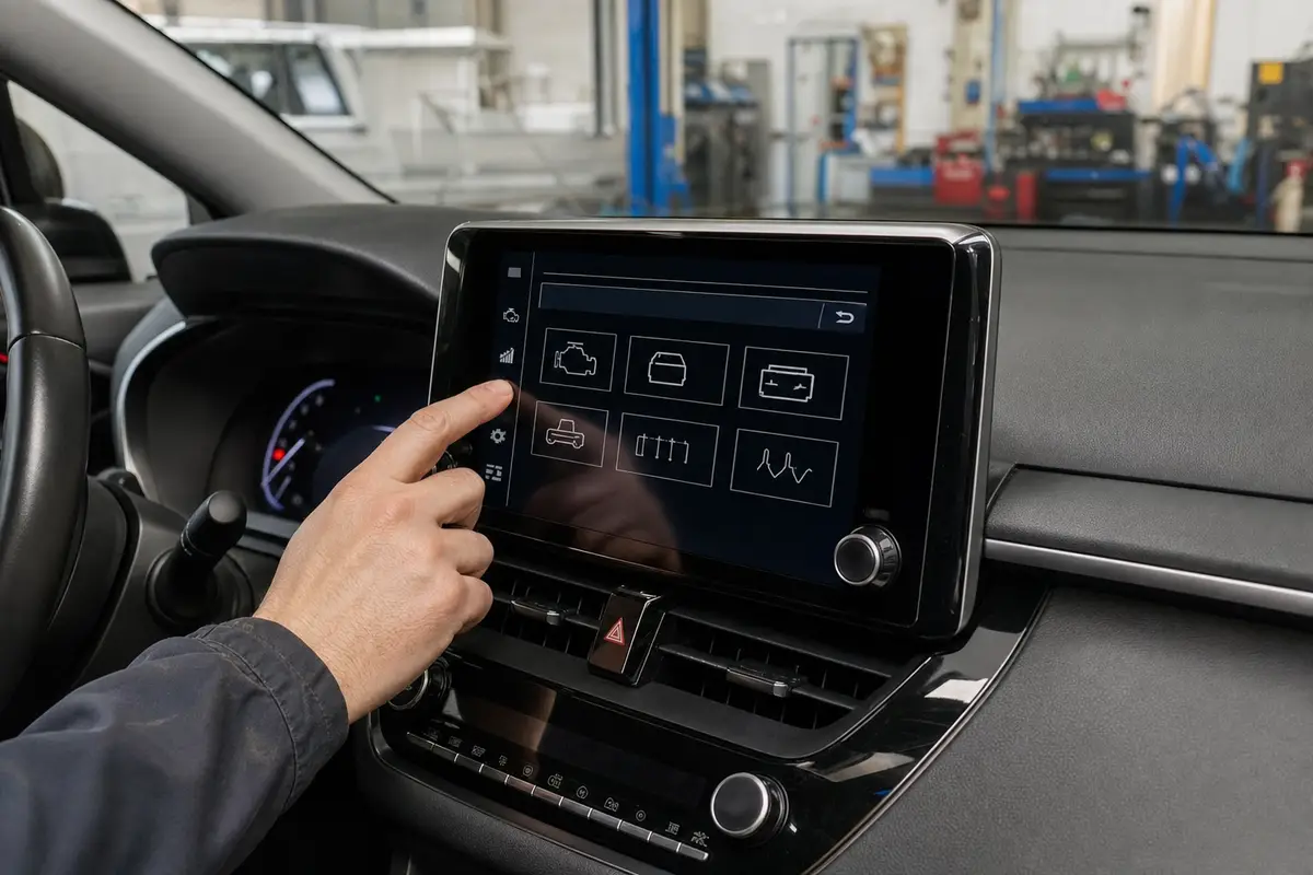 Mano di un tecnico che tocca il touchscreen dell’infotainment con icone diagnostiche, nell’abitacolo di un’auto in officina