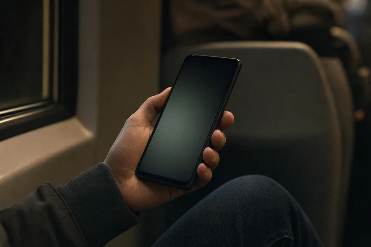 Mano che tiene uno smartphone con schermo molto scuro su un sedile vicino al finestrino, in un ambiente poco illuminato