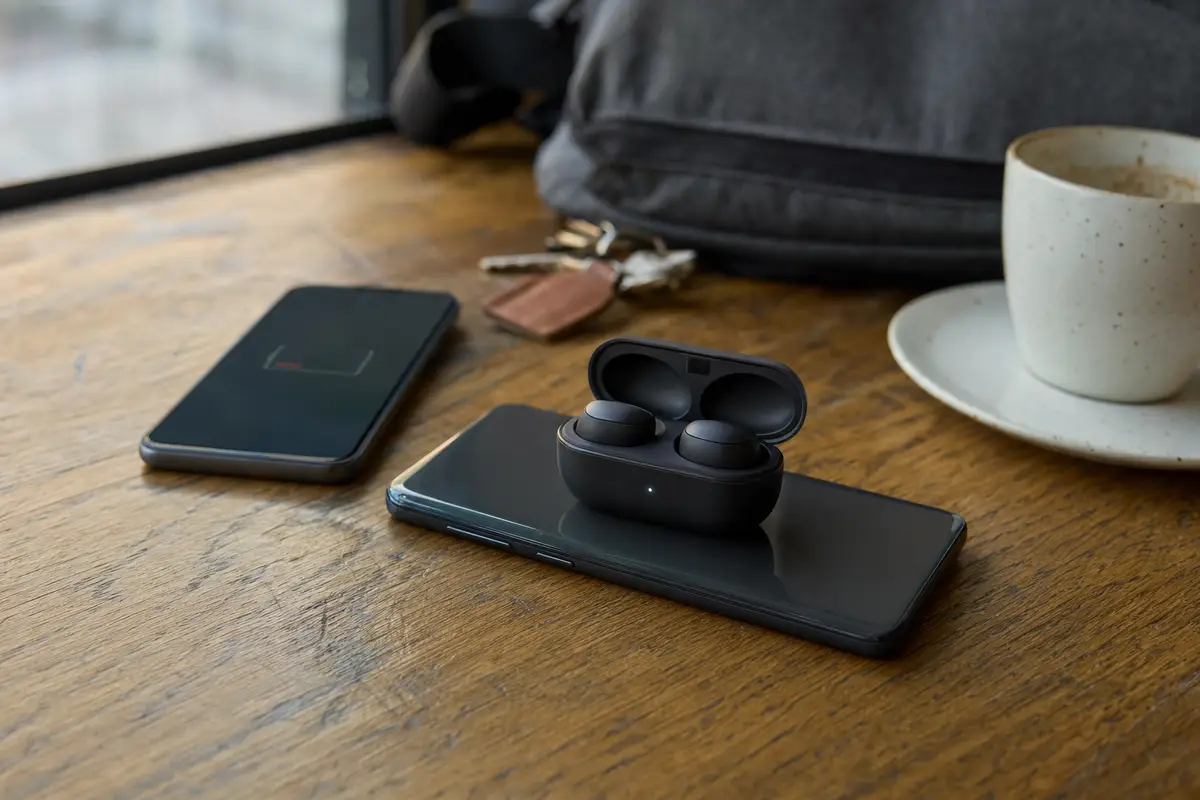 Custodia di auricolari wireless appoggiata sul retro di uno smartphone su un tavolo di legno, con un secondo telefono vicino
