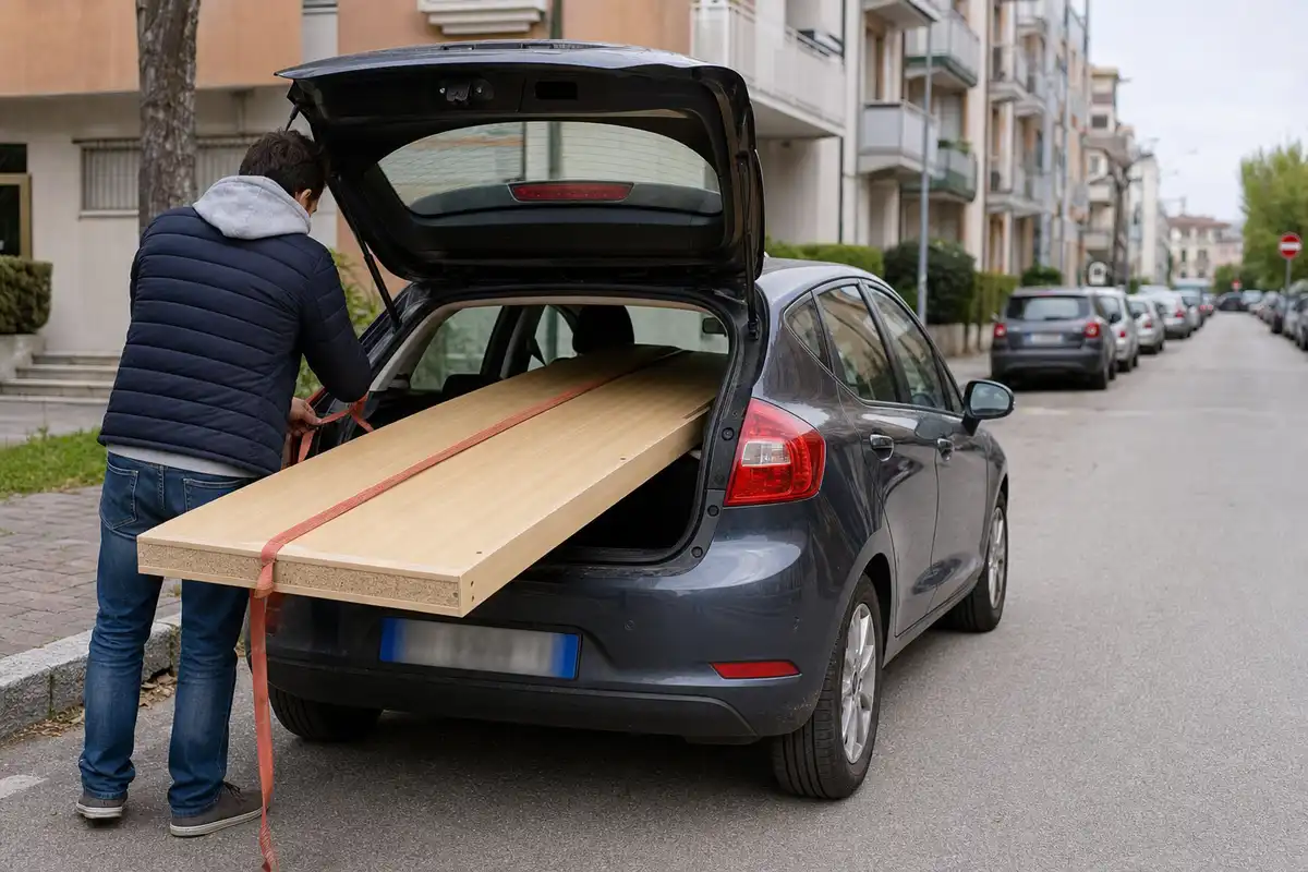 Pannello di legno sporgente dal bagagliaio aperto di un’auto, fissato con una cinghia, su strada urbana