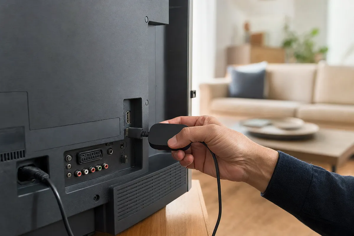Mano collega un piccolo dispositivo streaming alla porta HDMI sul retro di una TV