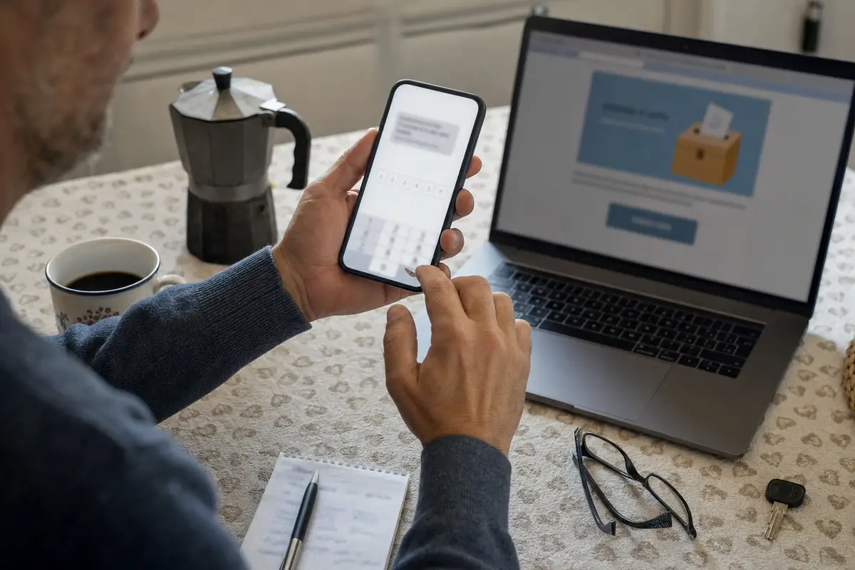 Mano che sta per inserire un codice di verifica sullo smartphone, con laptop aperto e tazza di caffè sul tavolo