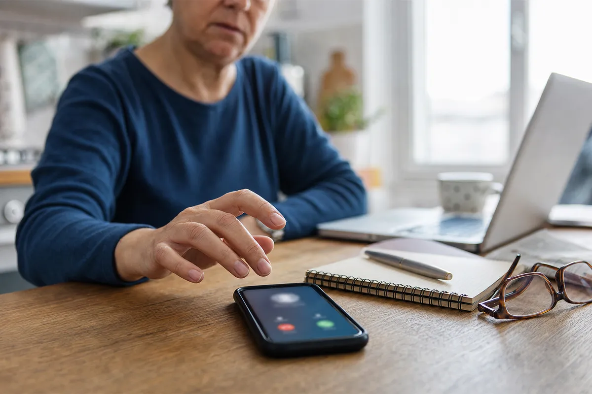 Mano esitante sopra uno smartphone con chiamata in arrivo su un tavolo, con taccuino, penna, occhiali e laptop sullo sfondo