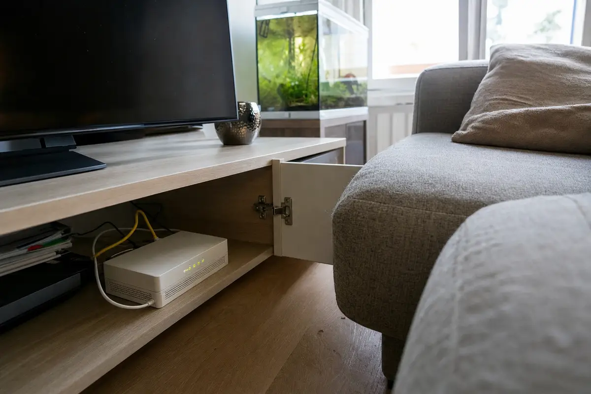 Router Wi‑Fi nascosto nel mobile TV, vicino al divano e ai cavi, in un soggiorno con luce naturale