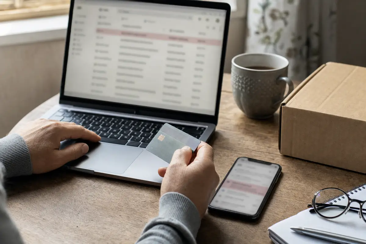 Mani davanti a un laptop con email sfocate, smartphone e carta di pagamento accanto a un pacco su una scrivania