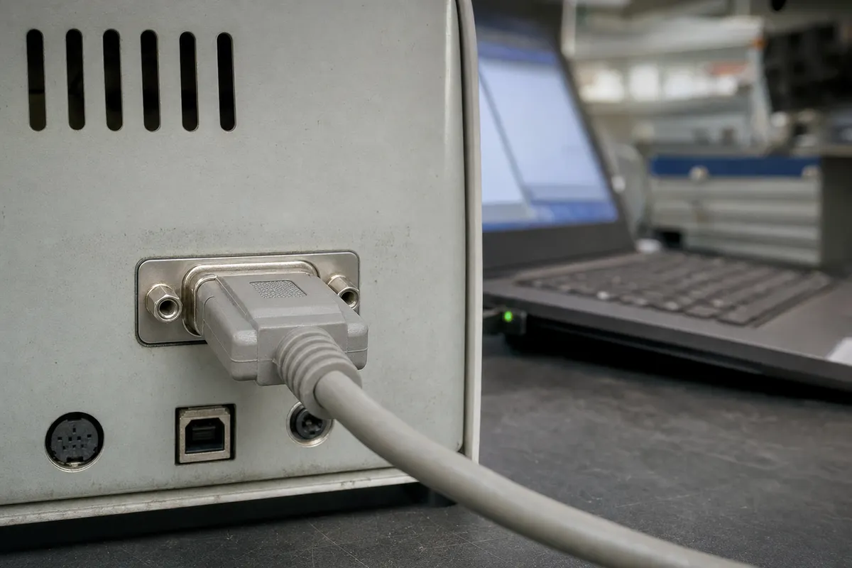 Cavo seriale DB9 collegato al retro di uno strumento industriale, con laptop sfocato sullo sfondo