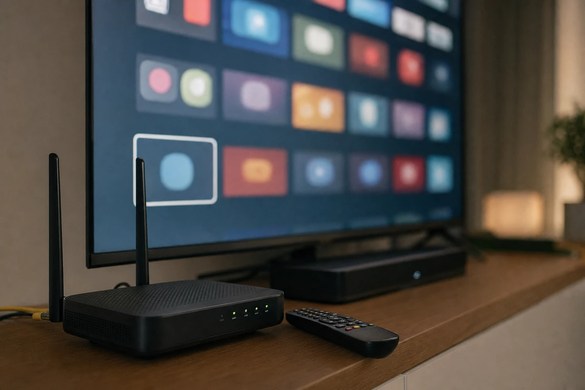 Router Wi-Fi e telecomando su mobile TV, con smart TV sullo sfondo e menu di app sfocato