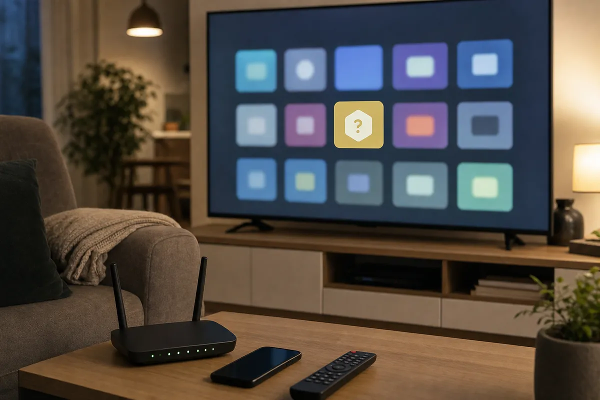 Smart TV con griglia di icone app e una icona con punto interrogativo, con router Wi‑Fi e smartphone sul tavolino