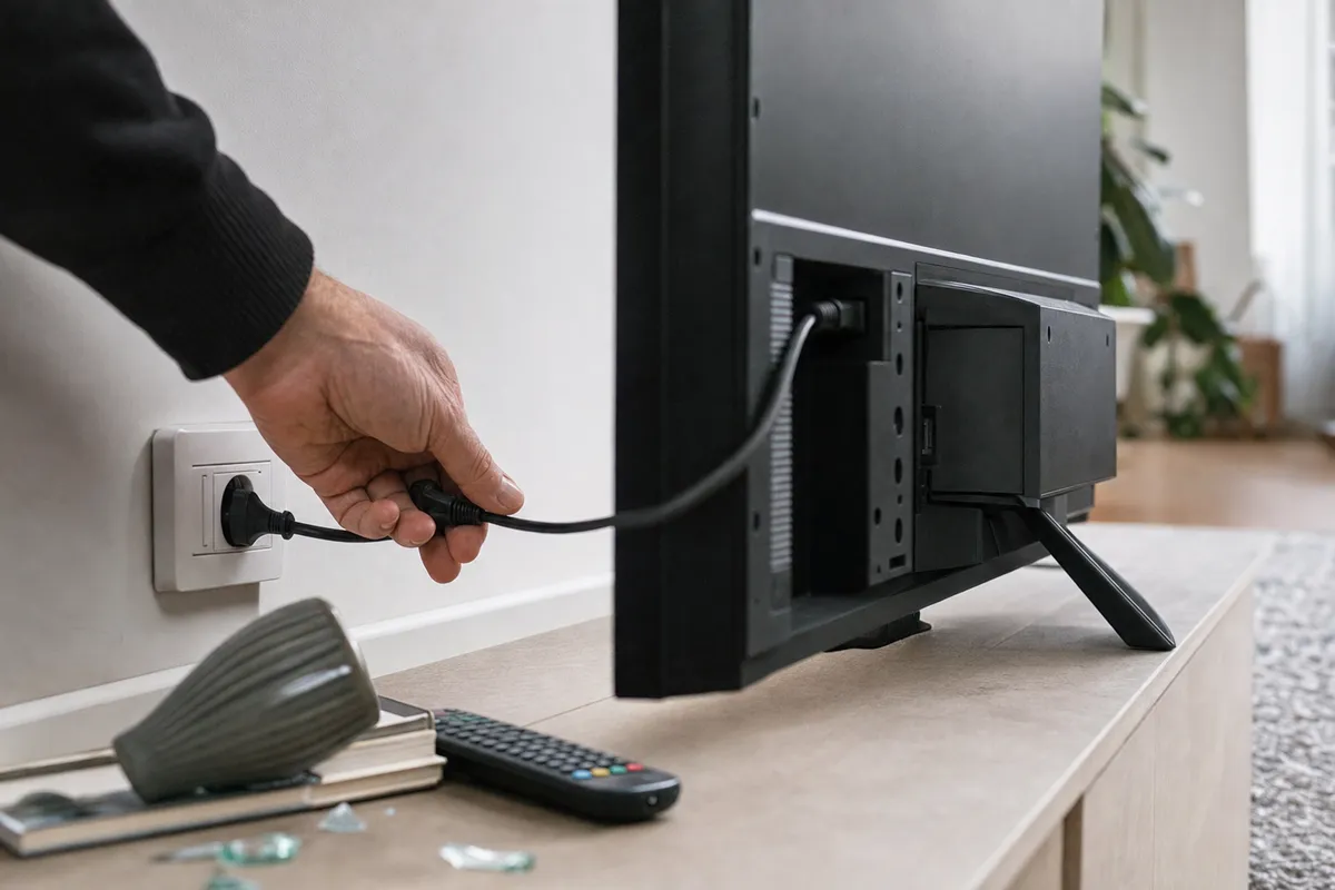 Mano controlla la spina della TV nella presa a muro, con schermo spento e telecomando sul mobile