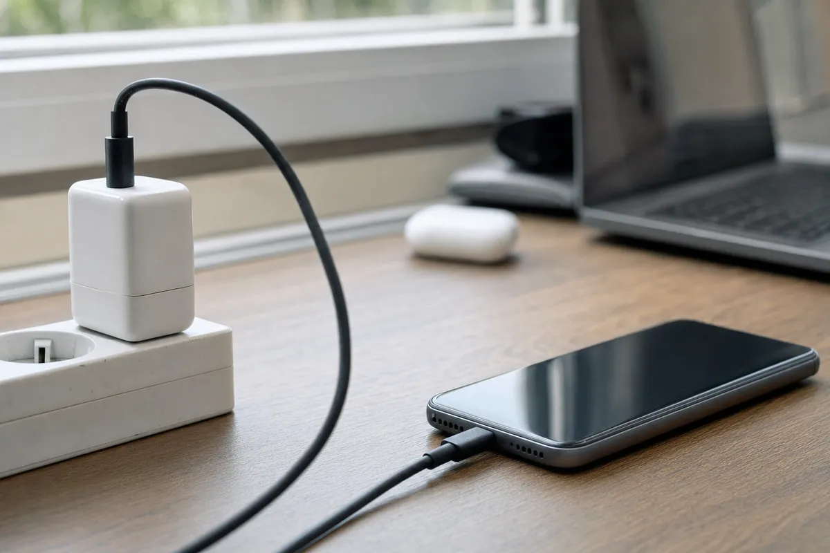 Caricatore USB-C su multipresa con cavo collegato a uno smartphone su una scrivania, laptop sfocato sullo sfondo