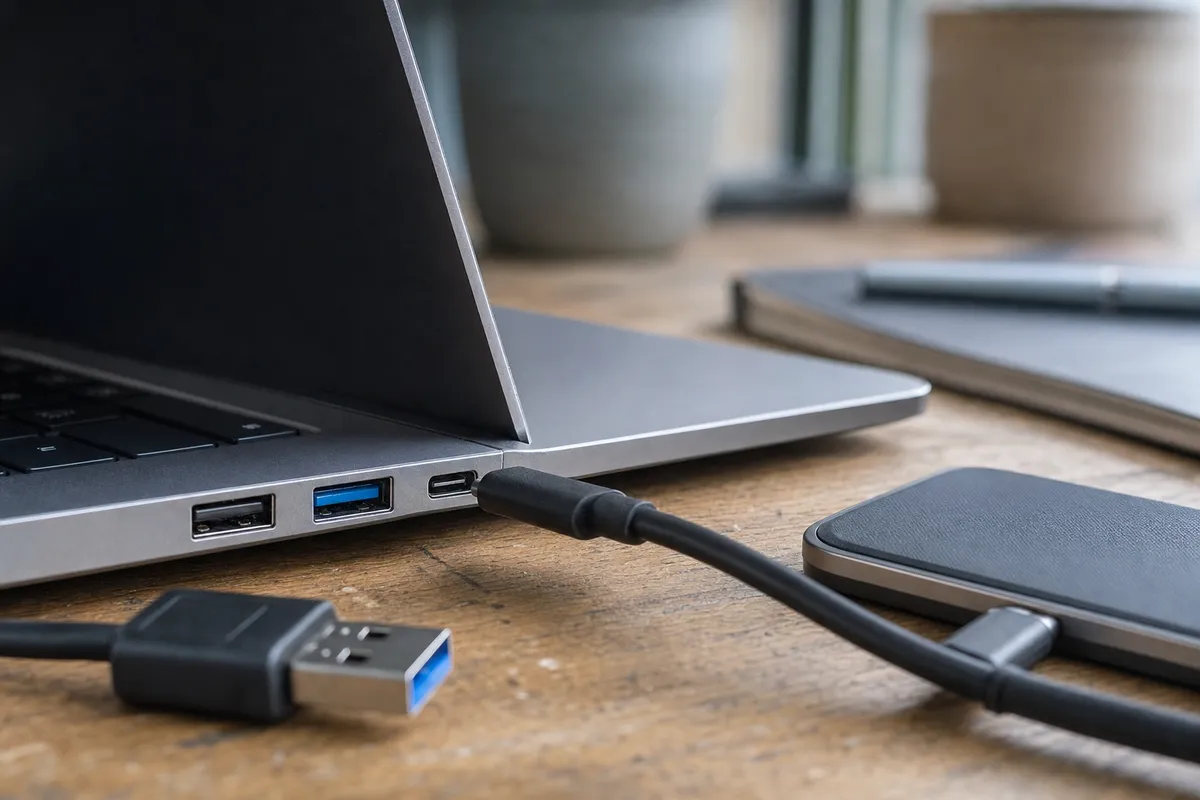 Porte USB-A e USB-C su un laptop con cavi e SSD esterno su scrivania in legno