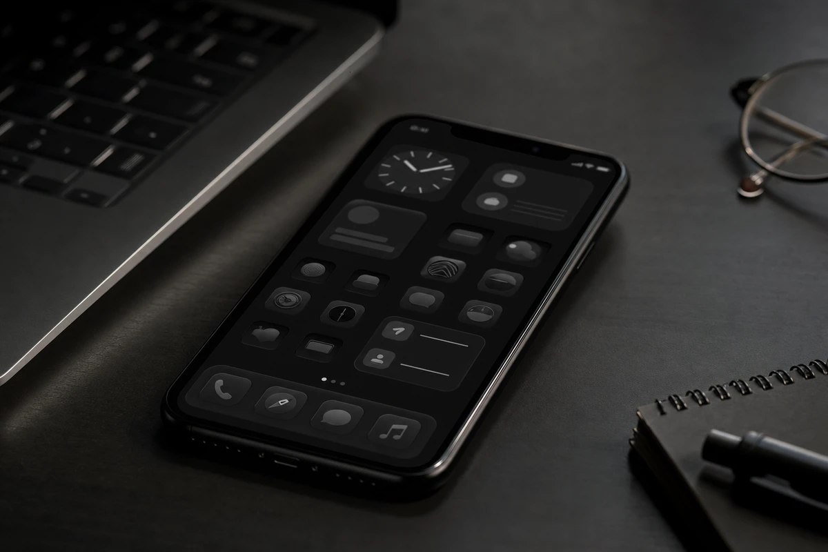 Smartphone su scrivania scura con schermata Home in tema scuro e icone minimal, accanto a laptop sfocato